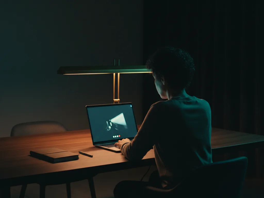 Pessoa em chamada de vídeo, à mesa, sob a luz de um abajur