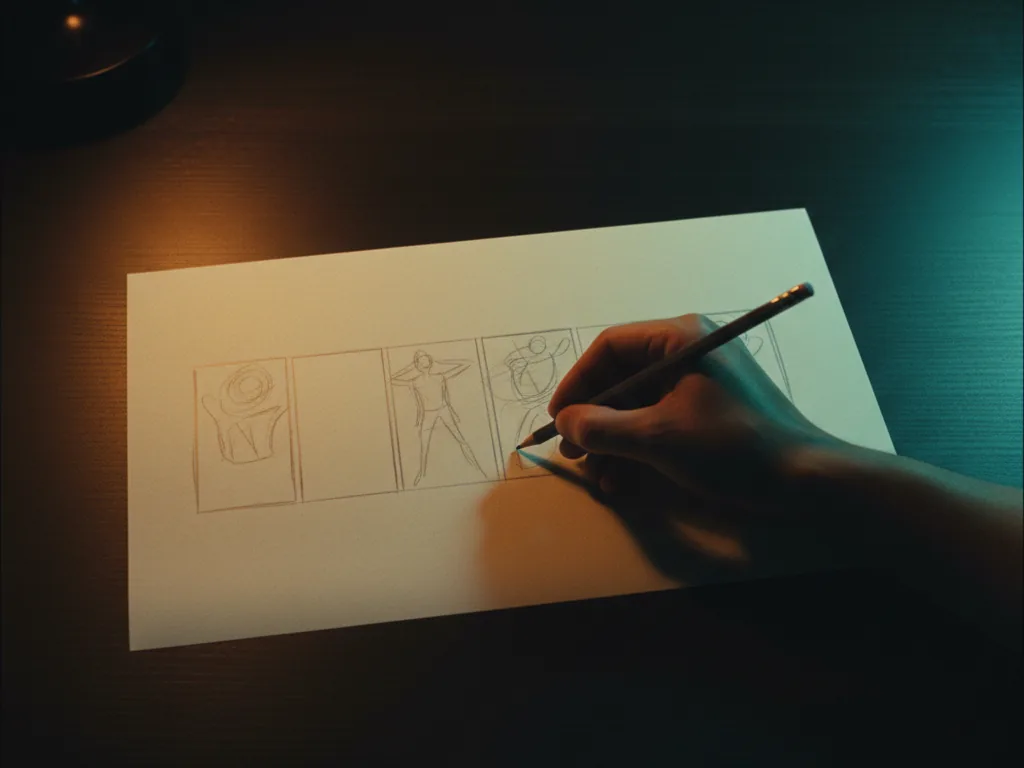 Mão desenhando a lápis os quadros de um storyboard