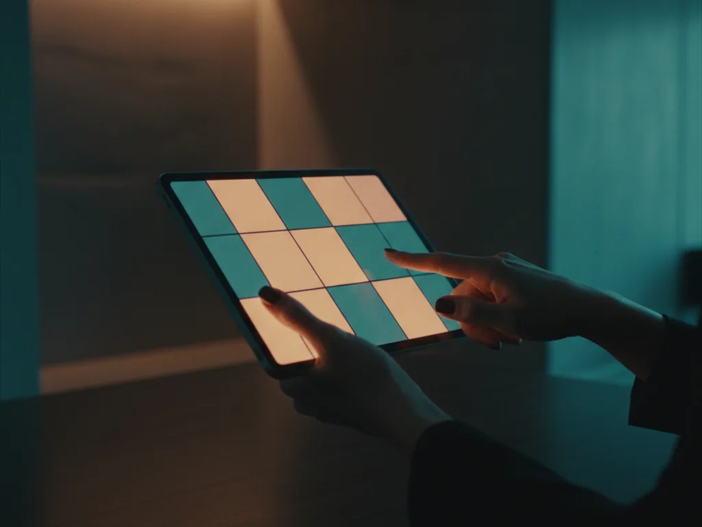 Dedo tocando a tela de um tablet que mostra os quadros da peça
